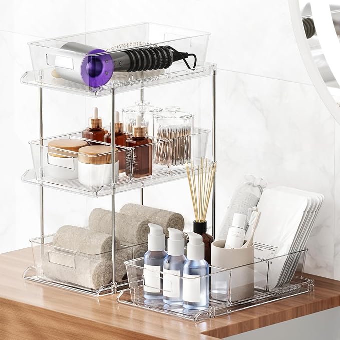 3-Pack Pull-Out Home Organizers, 2 Tier Clear Bathroom Organizer - Image 5