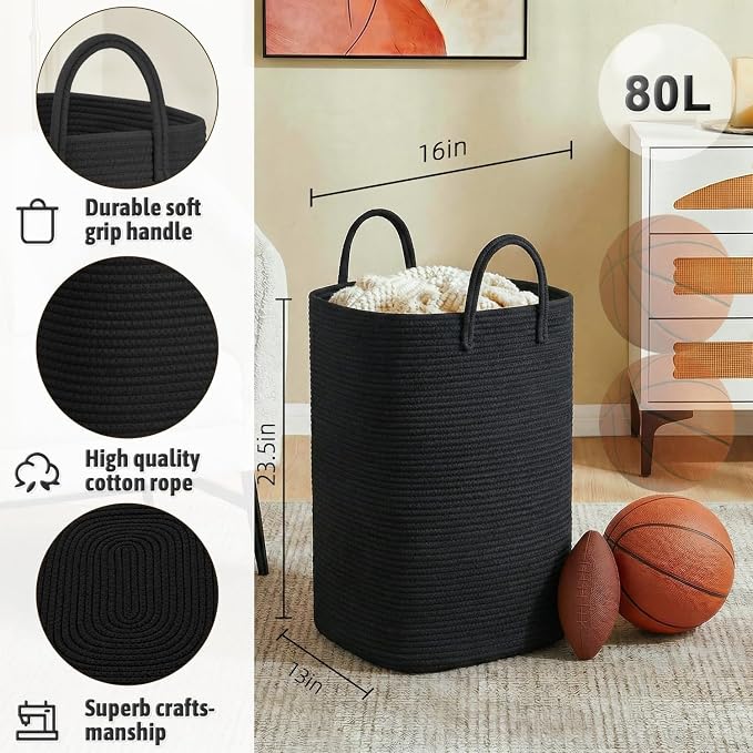 Laundry Basket, Woven Cotton Rope Laundry Hamper, 80L Versatile Storage - Image 2