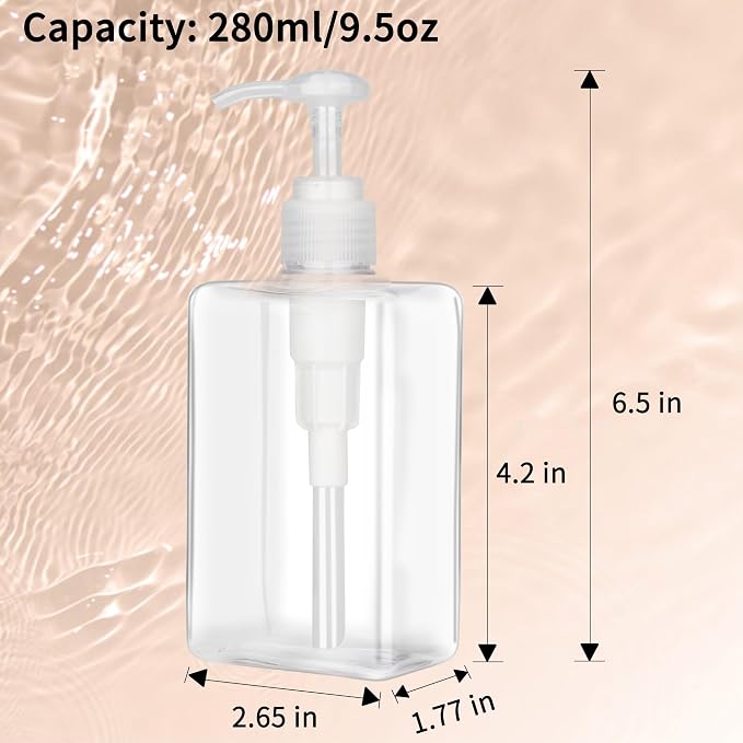280ml Pump Bottle Dispenser Jansburg 2 Pack Refillable Flat Square Plastic - Image 2