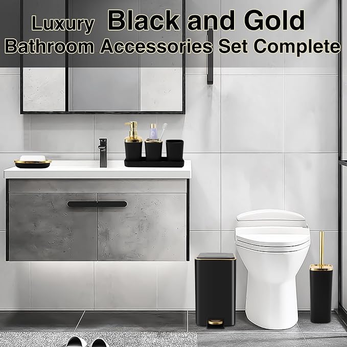 Black Bathroom Accessories 8 Piece Black and Gold Bathroom Set, Bathroom - Image 5