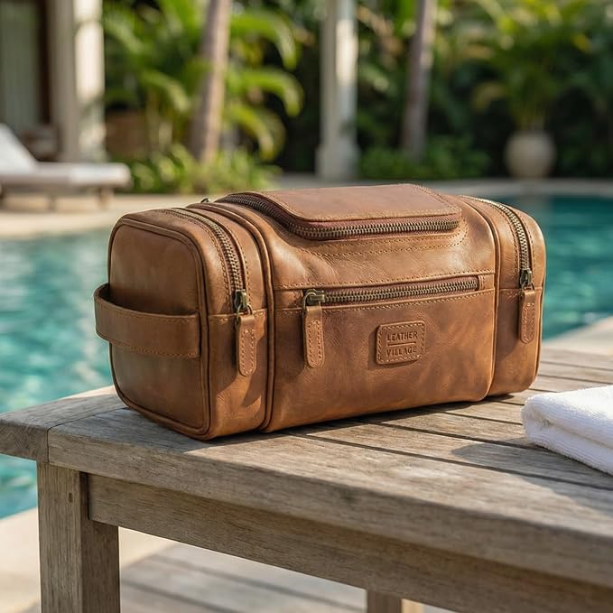LEATHER VILLAGE Genuine Leather Travel Dopp Kit - Image 7