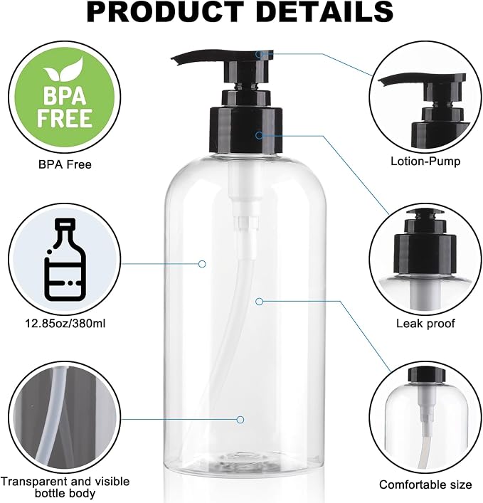 Empty Pump Bottles Dispenser 12.85oz/380ml, Refillable Clear BPA-Free Plastic - Image 4