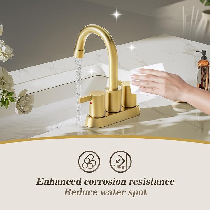 Phiestina Brushed Gold 4 Inch 2 Handle Centerset Lead-Free Bathroom Faucet 2 - Image 5