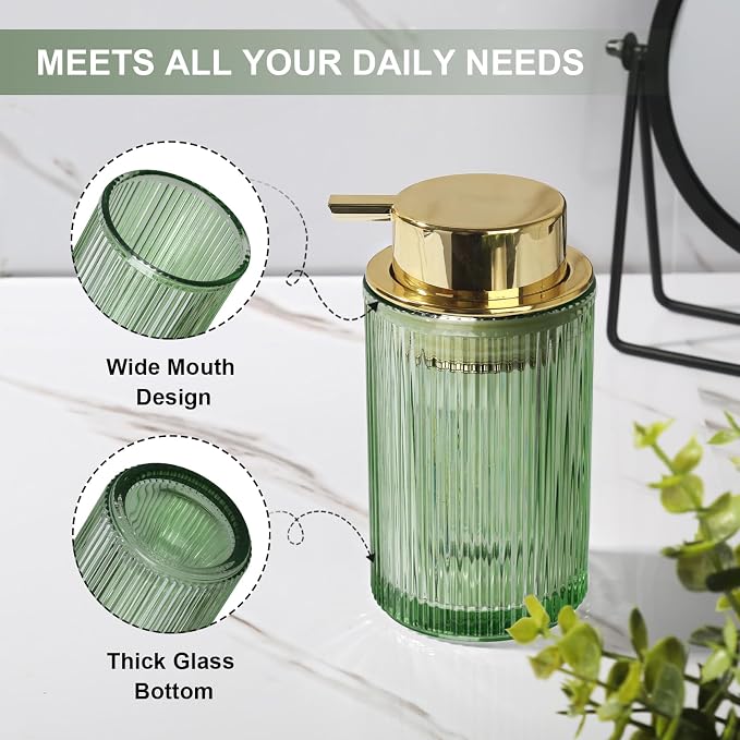 Green Glass Foaming Soap Dispenser, Ribbed Foam Hand Soap Dispenser - Image 3