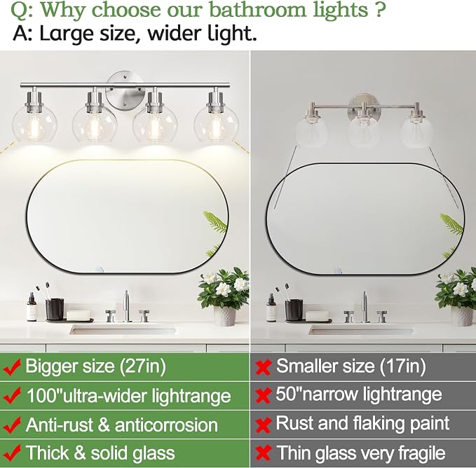 4-Light Bathroom Light Fixtures, Brushed Nickel Modern Vanity Lights Over Mirror - Image 2