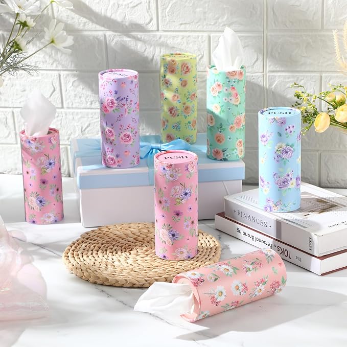 Outus 12 Pcs Spring Floral Car Tissues Cylinder Holder Flowers Round Tissue Box - Image 4