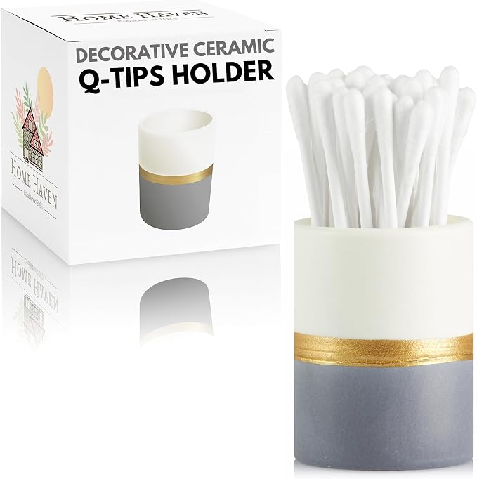 Qtip Holder - White/Navy with Gold Stripe - Q Tip Holder by HomeHaven