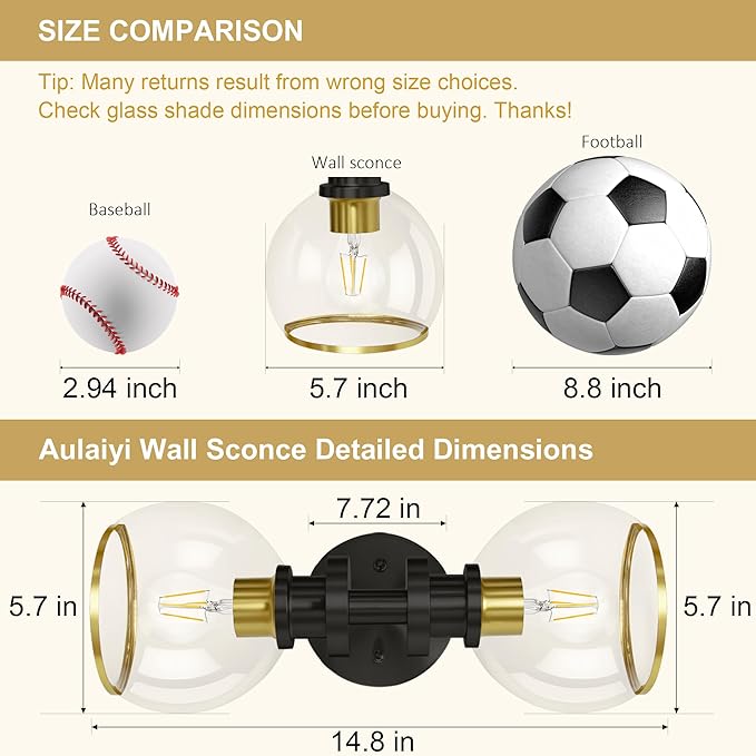 Modern Bathroom Light Fixtures, 2-Light Vanity Lights Set of 2, Hardwired - Image 2