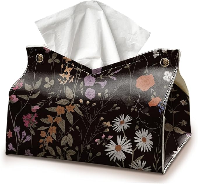 Black Rectangle Tissue Box Cover, Flroal Decorative Tissue Paper Holder by UTELKA