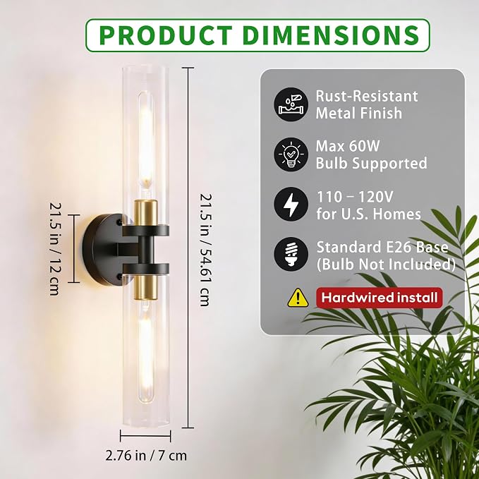 Black and Gold Wall Sconces Set of 2, Hardwired Bathroom Light Fixtures - Image 2