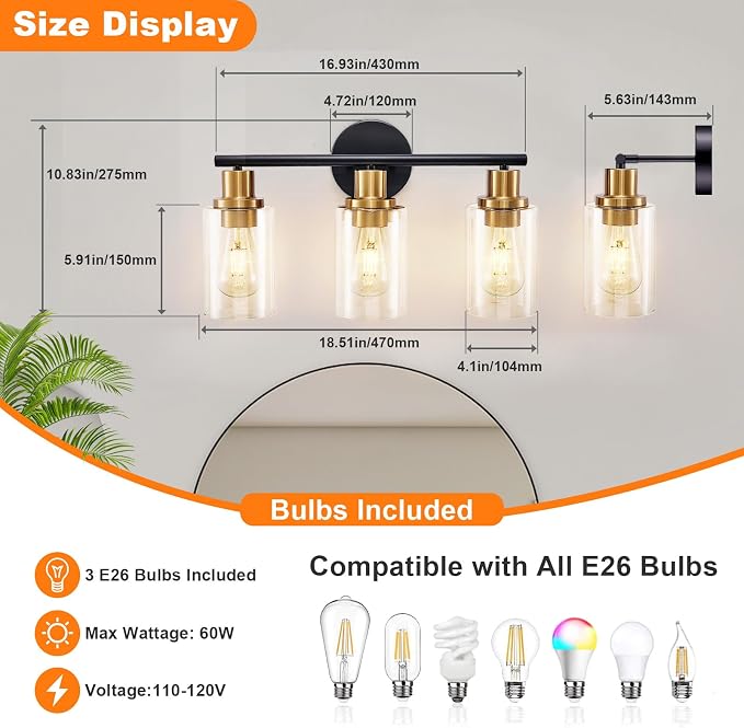 DLLT 3-Light Bathroom Light Fixtures: Black and Gold Modern Vanity Lights - Image 7