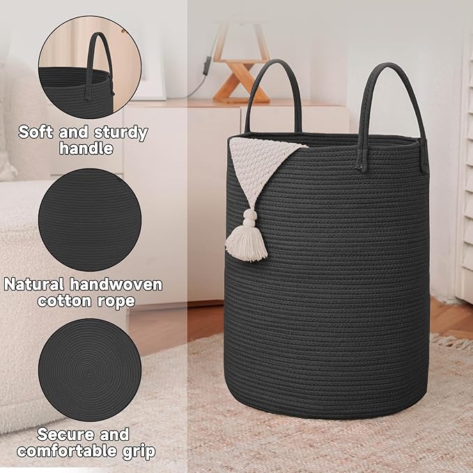 Large Woven Laundry Basket Hamper, 100L Cotton Rope Storage Bin - Image 6