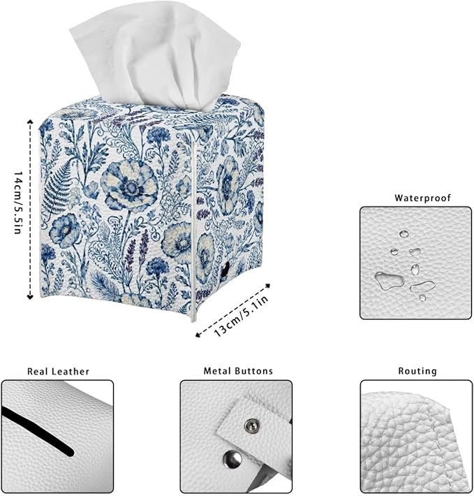 Blue Flowers Tissue Box Holder Square PU Leather Tissue Organizer Case - Image 7