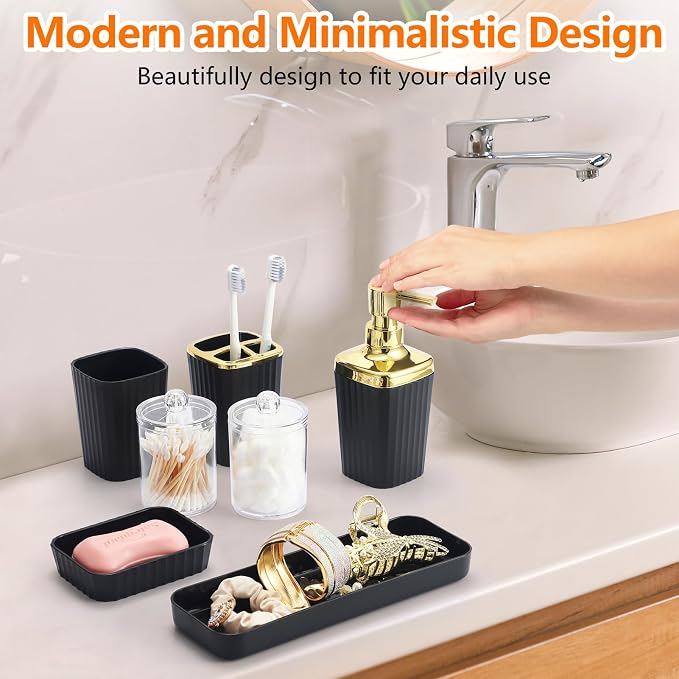 Black Bathroom Set, Trash Can, Toothbrush Holder, Soap Dispensers, Toothbrush - Image 7
