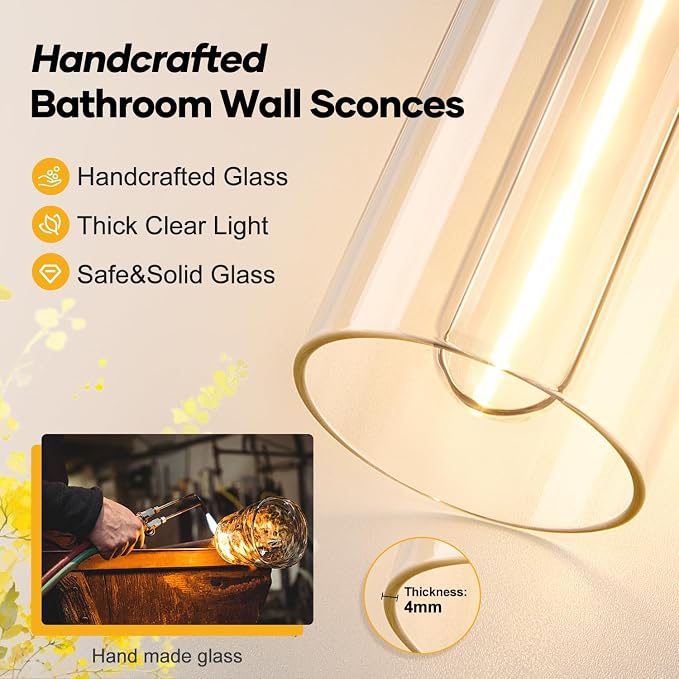 Wall Sconces Set of Two, Brushed Gold Bathroom Sconces Wall Lighting - Image 4