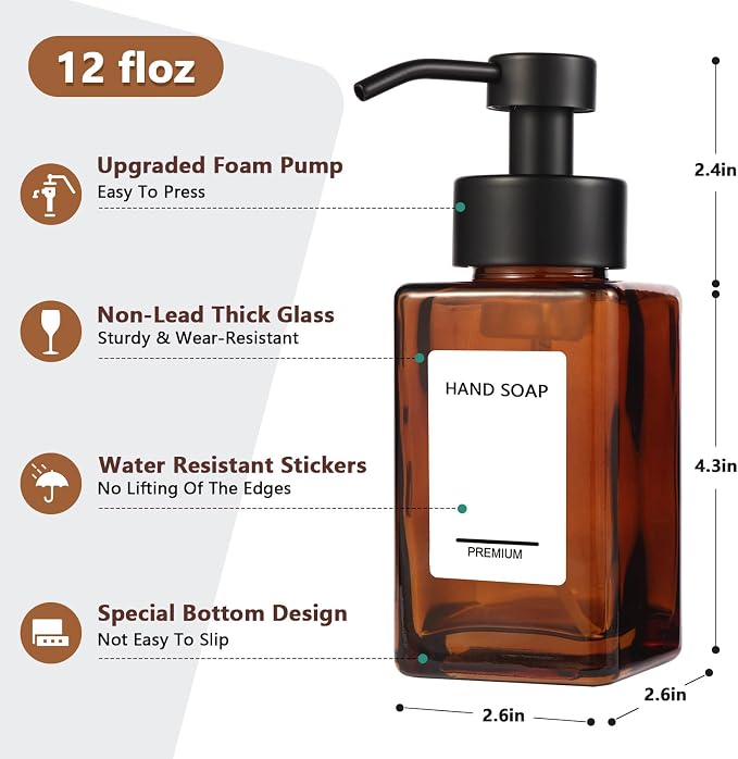 Foaming Hand Soap Dispenser 2 Pack, 12oz/350ml Amber Glass Foaming Soap - Image 2