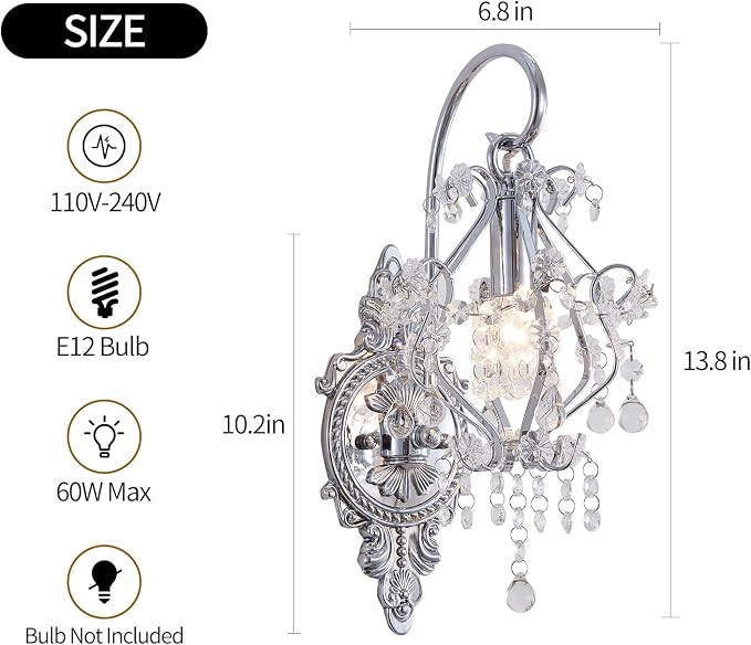 Silver Crystal Vintage Wall Sconces Set of 2 Indoor Hardwired Wall Light Fixture - Image 6