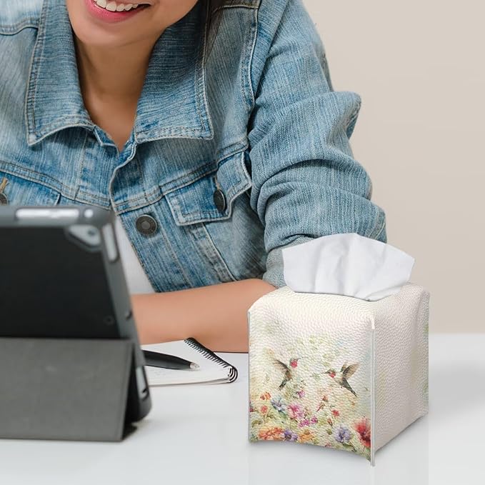 Bird Flowers Luxury Tissue Box Cover, Elegant PU Leather Square Tissue Case - Image 6