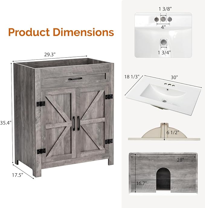 VINGLI 30" Farmhouse Bathroom Vanity - Image 2