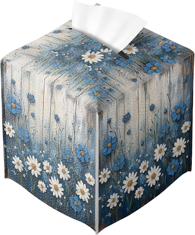White Flowers Daisy Tissue Box Cover Rustic Floral Wooden Country Leather by Unknown