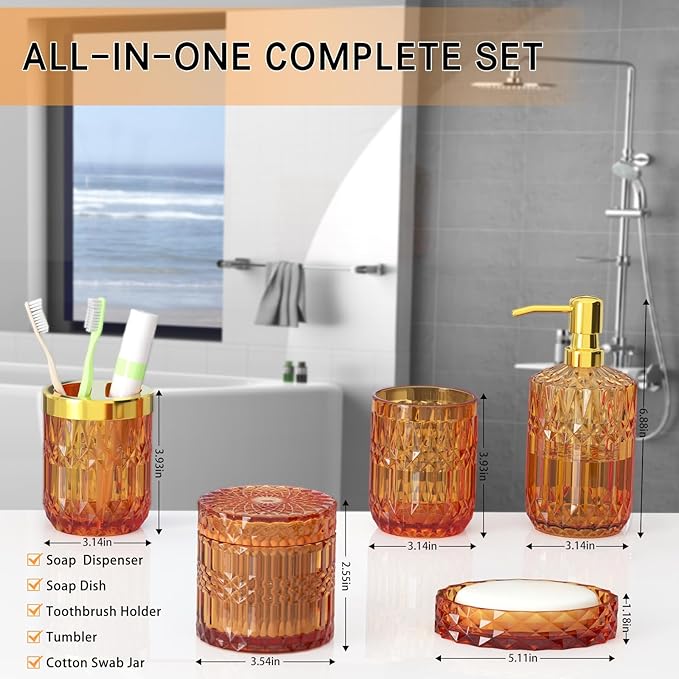 Orange Glass Bathroom Accessories Set 5 Pcs, Soap Dispenser and Toothbrush - Image 6