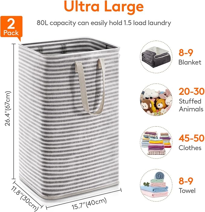 Lifewit 2 Pack Laundry Basket 80L Each, Collapsible Clothes Hamper - Image 3