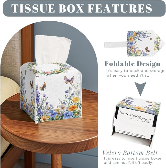 Wildflower Tissue Box Cover Colorful Spring Butterfly Garden Leather Tissue Box - Image 2
