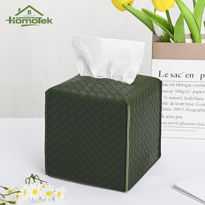 HOMOTEK 2 Pack Tissue Box Cover, Square PU Leather Tissue Holder, Decorative - Image 3