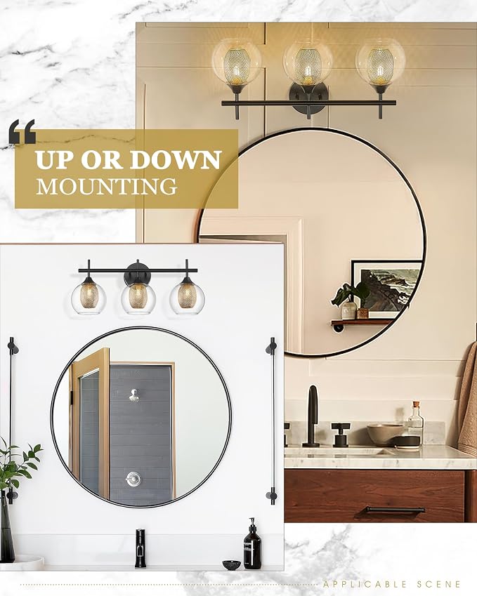 Bathroom Light Fixtures, 3-Light Black and Gold Vanity Lights Over Mirror - Image 4