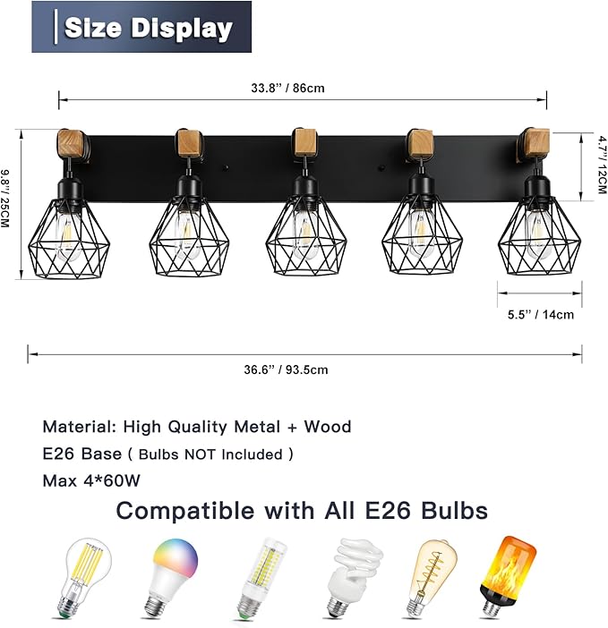 5-Light Farmhouse Bathroom Vanity Light Fixtures, Wood Bathroom Light Fixtures - Image 3