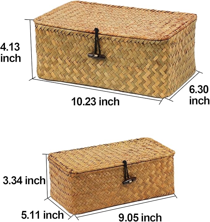 Set of 2 Wicker Basket with Lid, Seagrass Woven Basket - Image 3