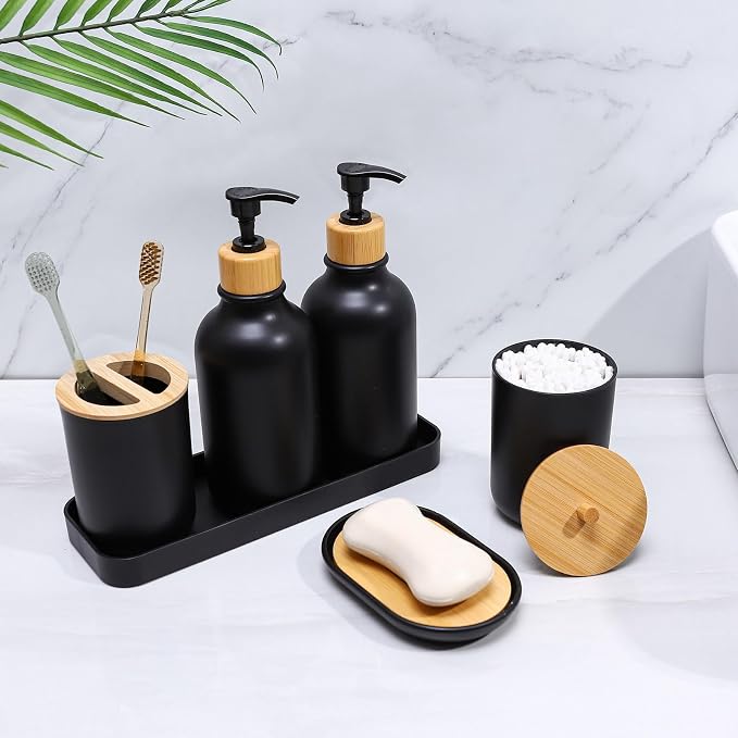 Matte Black Bathroom Accessories Set 7 Pcs, Bamboo Bathroom Accessories Sets - Image 5