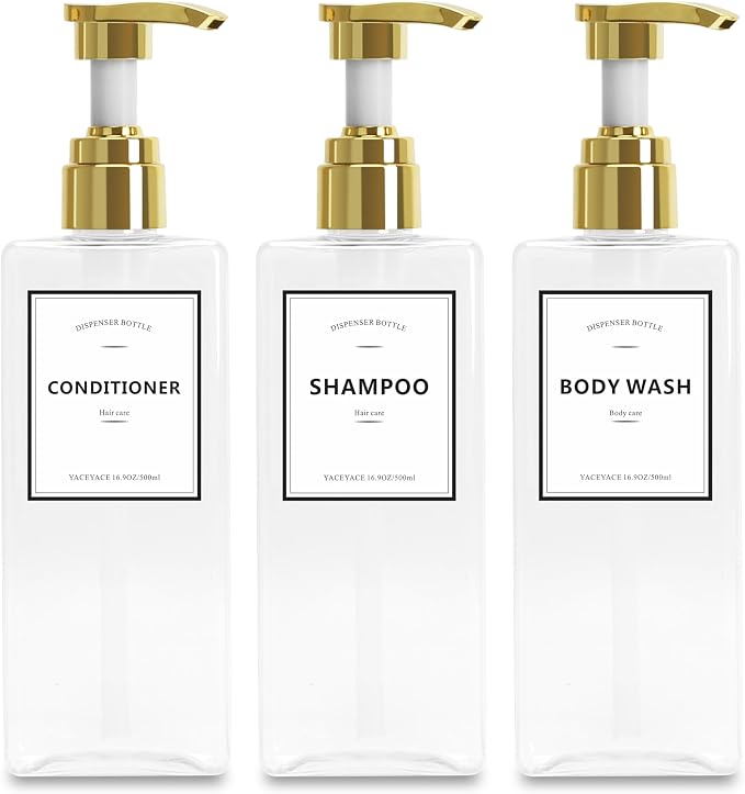 Shampoo Dispenser Bottles with Gold Pump, YACEYACE 16.9oz Set of 3 Clear by YACEYACE
