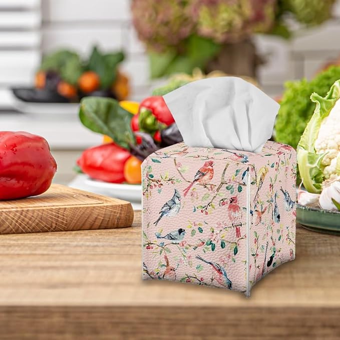 Bird Flowers Tissue Box Holder, PU Leather Square Napkin Cover - Image 5