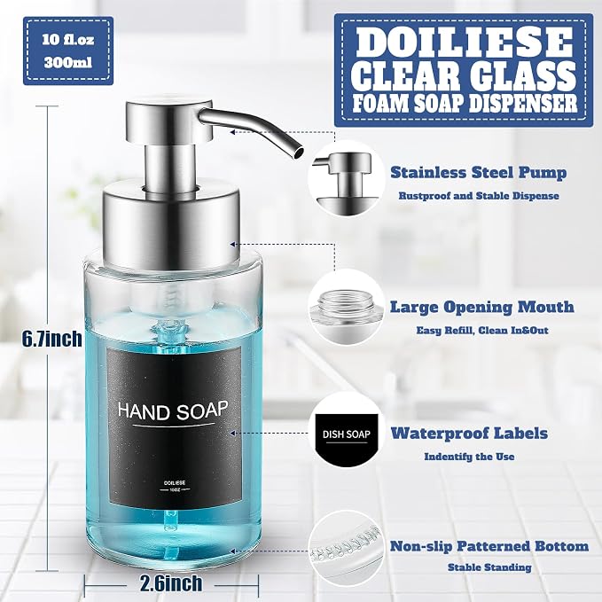 Doiliese Glass Foaming Hand Soap Dispenser, 10 oz Easy Refill Bathroom Soap - Image 2