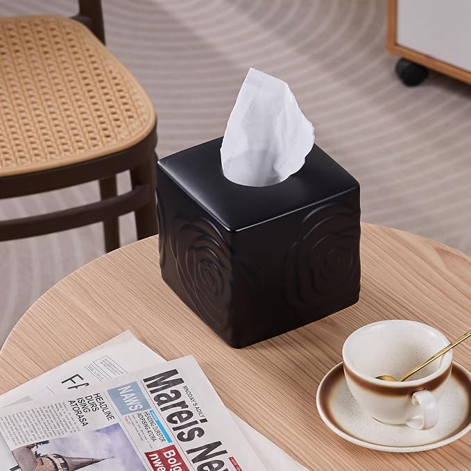 Black Ceramic Rose Tissue Box Cover, Carved Flowers Large Square Tissue Box - Image 5