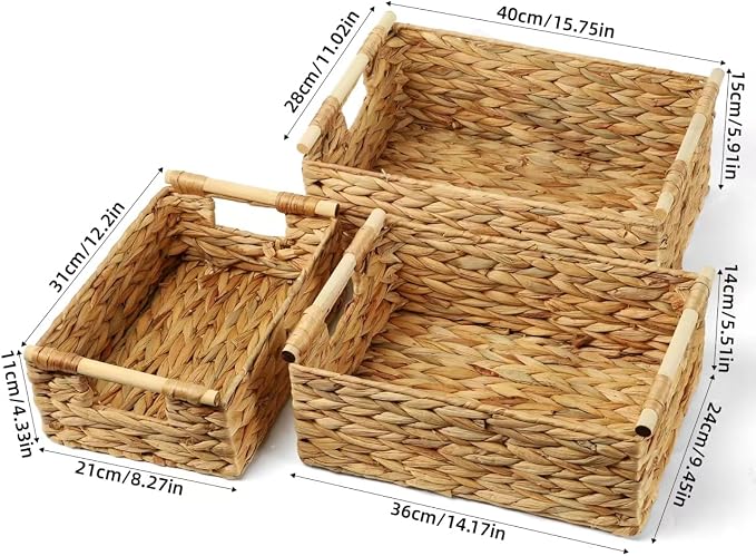 Wicker Storage Baskets for Organizing 3 Pack, Natural Water Hyacinth Ratten - Image 2