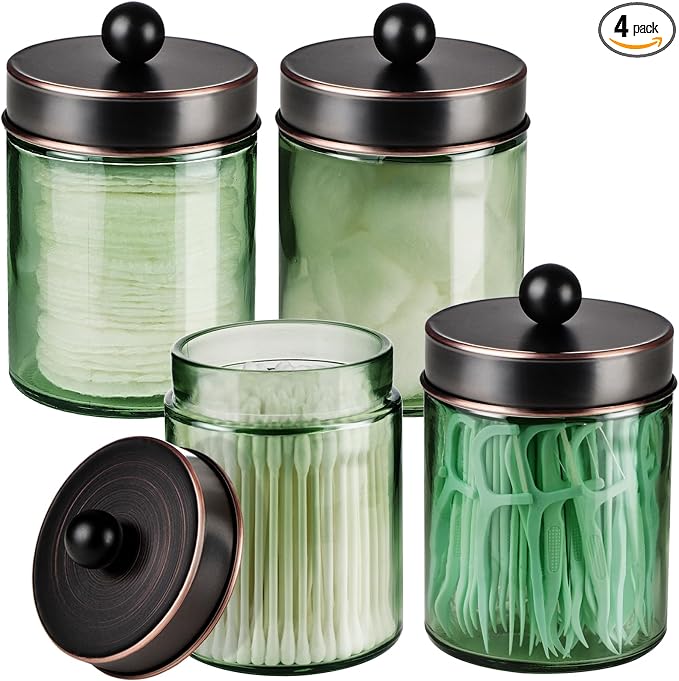 Amolliar Sage Green Qtip Holder, Glass Apothecary Jar Metal Lid & Stickers by Amolliar