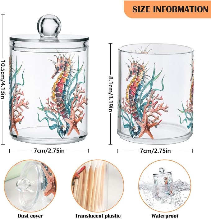 2 Pack Qtip Holder Dispenser for Cotton Ball Seahorse Starfish Watercolor Ocean - Image 4