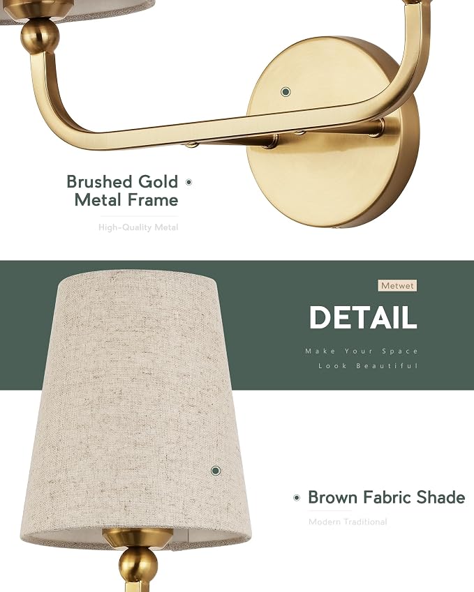 2-Light Bathroom Light Fixtures, Brushed Gold Vanity Lights, Double Wall Sconce - Image 3