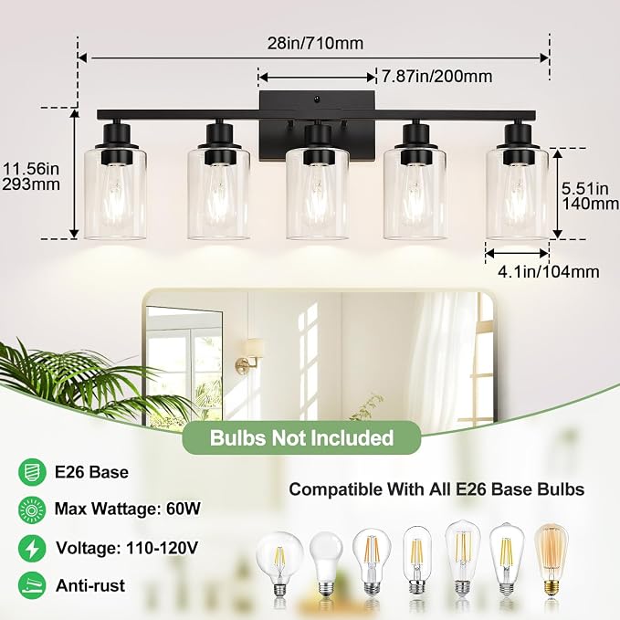 5-Light Bathroom Light Fixtures, Matte Black Modern Vanity Lights - Image 8