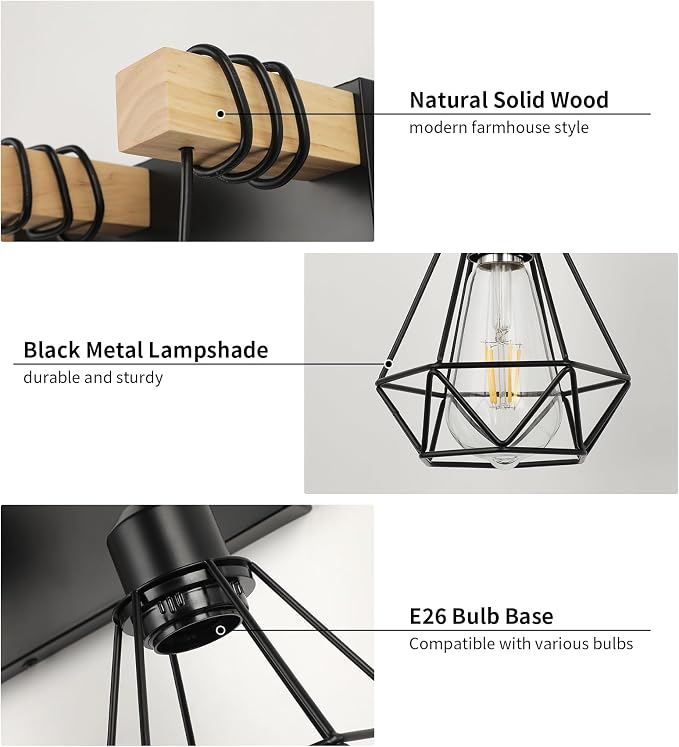 3-Light Farmhouse Vanity Light, Industrial Wood Bathroom Light Fixtures Over - Image 4