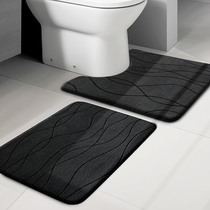 YIHOUSE Memory Foam Black Bathroom Rug Sets 2 Piece, Ultra Absorbent Bath Mat by YIHOUSE
