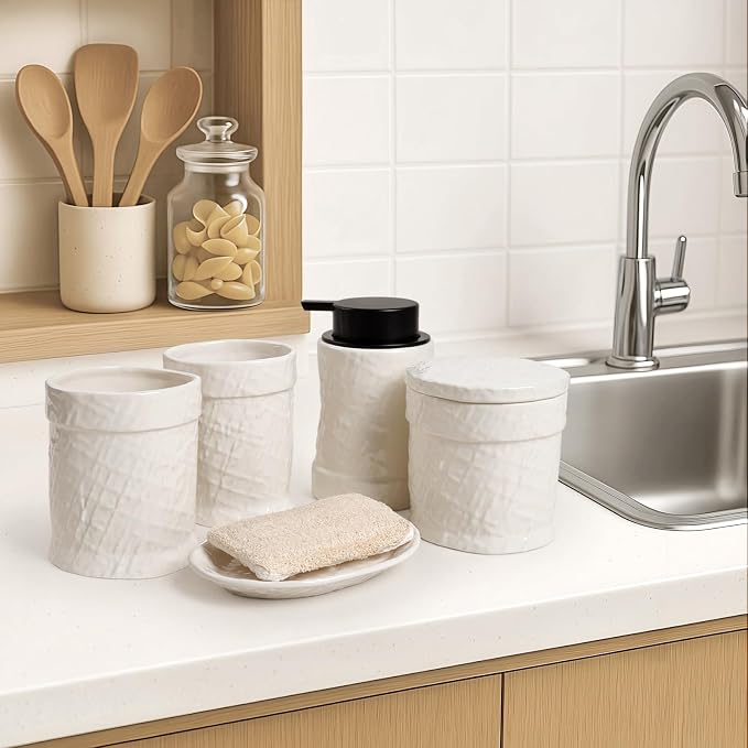 White Bathroom Accessory Set 5PCS, Ceramic Bathroom Accessories Set, Minimalist - Image 8