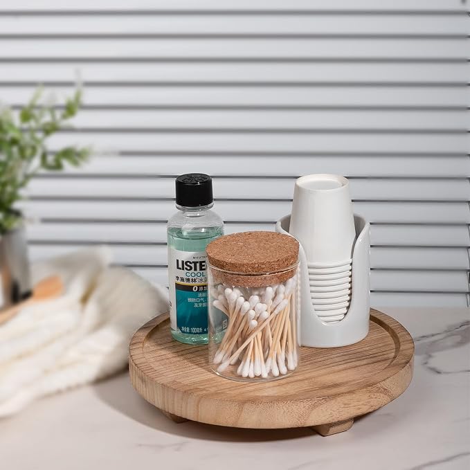 Round Decorative Tray Wood Bathroom Counter Organizer Farmhouse Kitchen Decor - Image 2