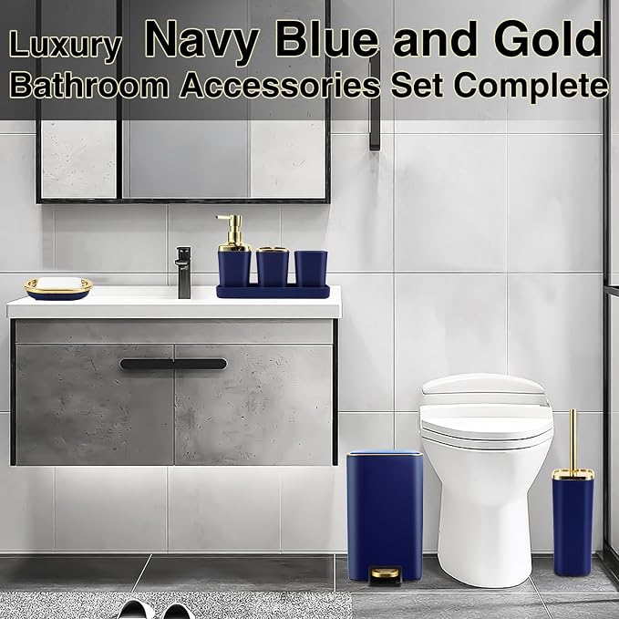 Navy Blue Bathroom Accessories Set 8 Piece Navy Blue and Gold Bathroom Set - Image 5