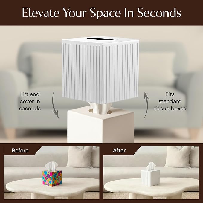 Monarch Abode Tissue Box Cover Square – Handcrafted Ridge Embossed White Metal - Image 6