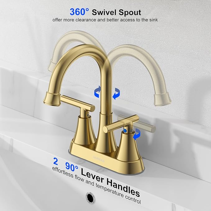 Bathroom Faucets for Sink 3 Hole, Hurran 4 inch Brushed Gold Bathroom Sink - Image 5