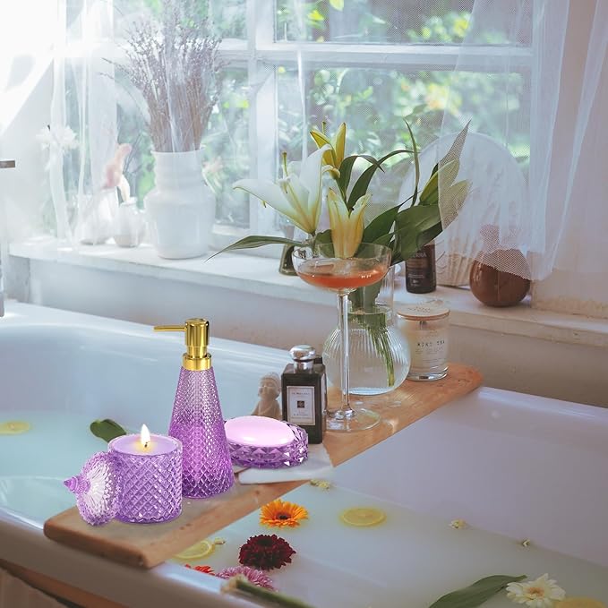 Purple Glass Bathroom Accessories Set 5 Pcs, Soap Dispenser and Toothbrush - Image 8