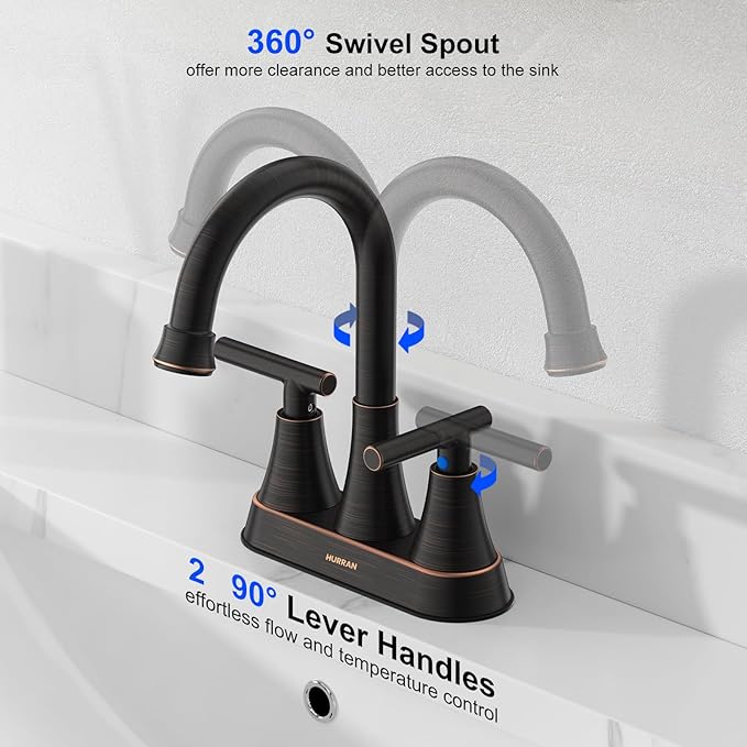 Bathroom Faucets for Sink 3 Hole, Hurran 4 inch Oil Rubbed Bronze Bathroom Sink - Image 3